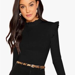 ROMWE Black Ruffled Long Sleeve Top Fitted Ribbed Keyhole Closure size M